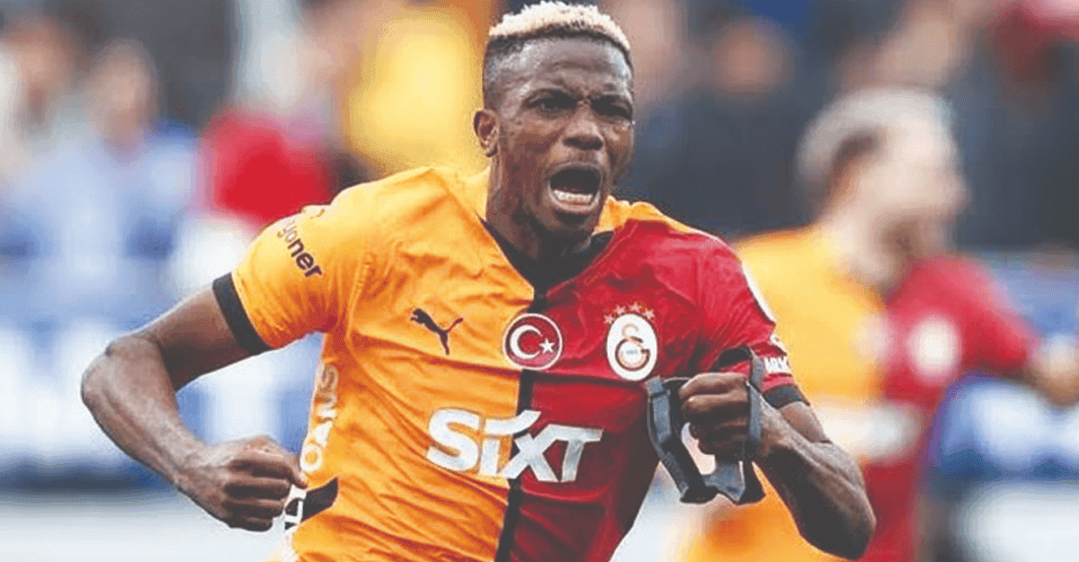 Victor Osimhen in Galatasaray jersey, smiling during a match.