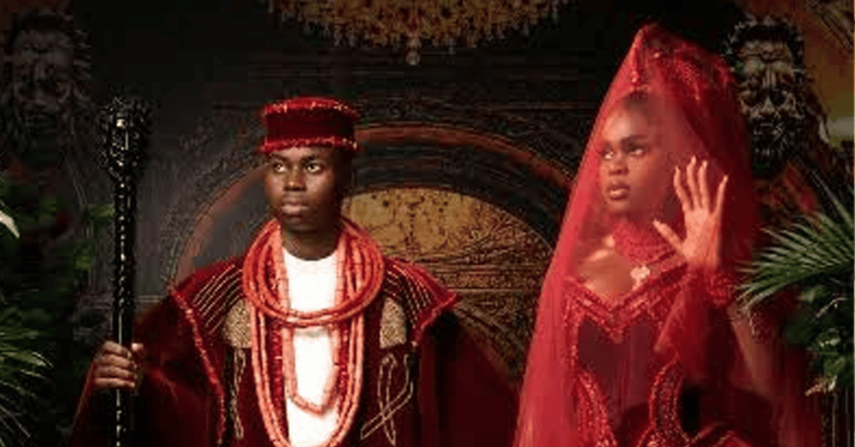 Peller and Jarvis in custom wedding attire at their traditional Edo ceremony