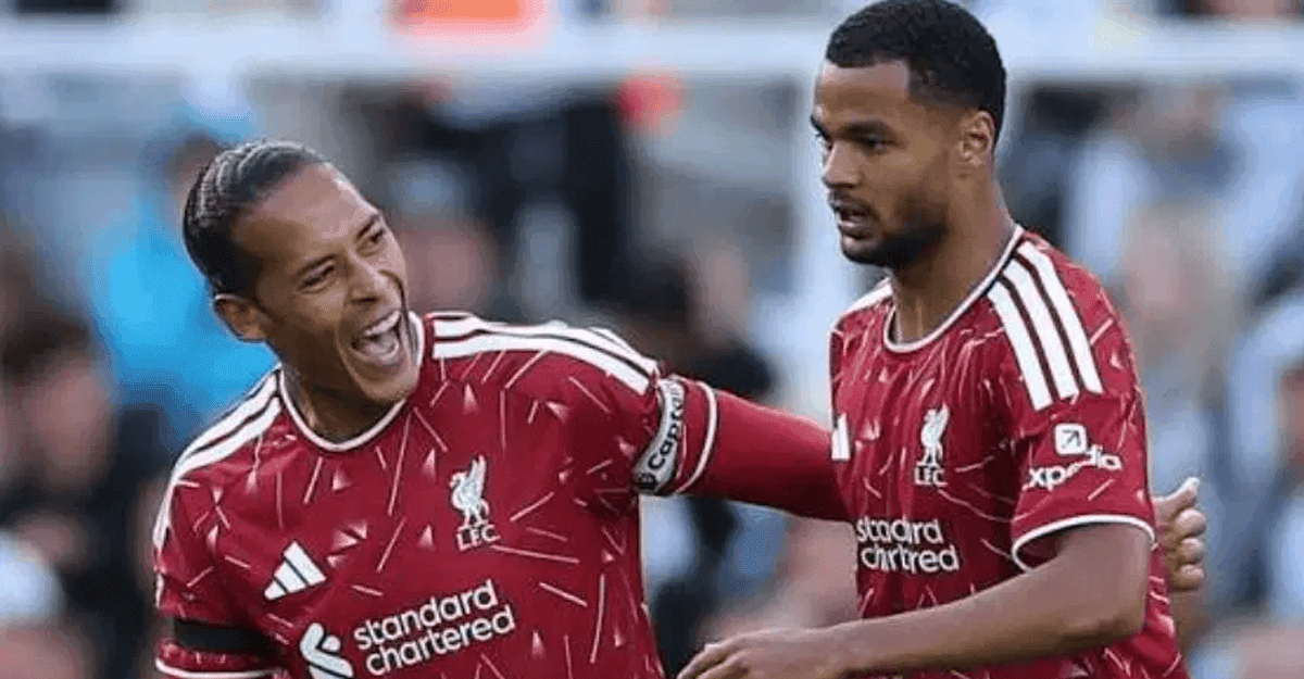 Virgil van Dijk and Cody Gakpo in Liverpool kit at Anfield